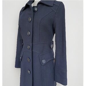 Navy Blue Long Gaberdine Wool Winter Coat Size S Feminine Tailored Designer VTG